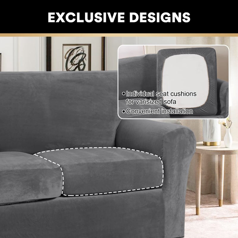 PrinceDeco Velvet Plush Couch Cover Stretch 2 Piece Chair Cover Chair Slipcover Washable Furniture Protector Couch Soft with Elastic Bottom Armchair Cover Width Up to 49 Inch(Small, Grey) - Image 5